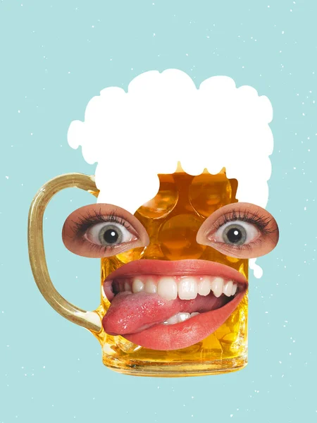 Humor Vacaciones Cerveza Bebe Feliz Collage Arte Contemporáneo Con Vaso —  Fotos de Stock