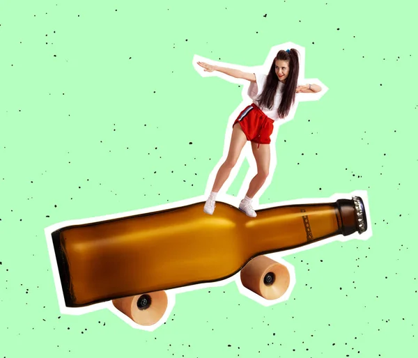 Hora Fiesta Chica Excitada Bailando Una Botella Cerveza Grande Collage —  Fotos de Stock