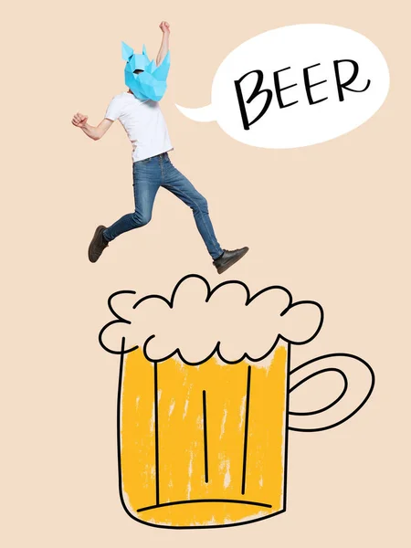 Man Animal Mask Diving Drawn Beer Mug Contemporary Art Collage — Stockfoto