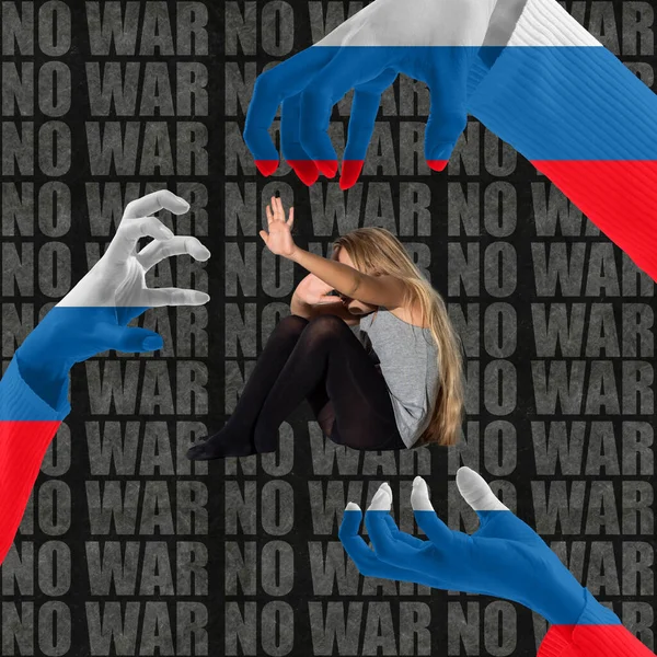 Stop War Conceptual Collage Little Scared Child Fear Huge Hands — Stockfoto