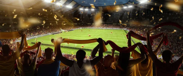 Support Back View Football Soccer Fans Cheering Team Colorful Scarfs — Stock Photo, Image