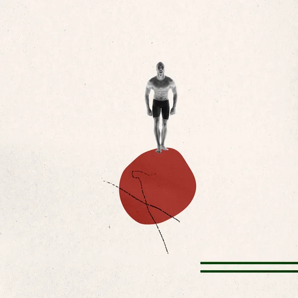 Colagem Criativa Minimalismo Nadador Masculino Preparando Para Saltar Isolado Sobre — Fotografia de Stock