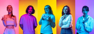 Mutlu, korkutucu, şaşırmış modeller. Genç duygusal insanların çok renkli arkaplan üzerindeki portrelerinin kolajı. İnsan duyguları kavramı, yüz ifadesi, satış. İlan için yatay ilan, teklif