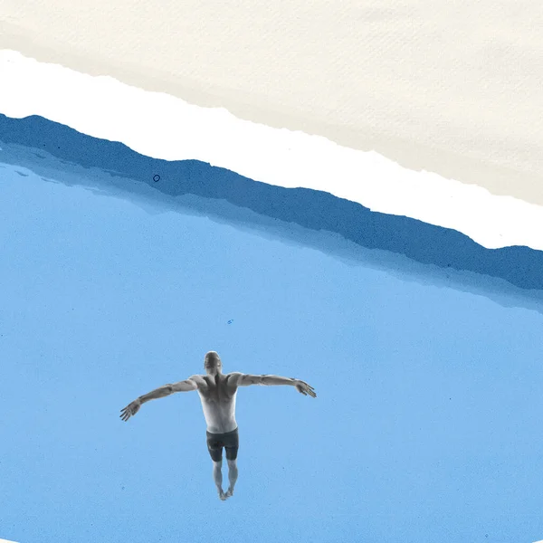 Contemporary Art Collage Minimalism Surrealism Professional Swimmer Jumping Drawn Blue — Stock Fotó