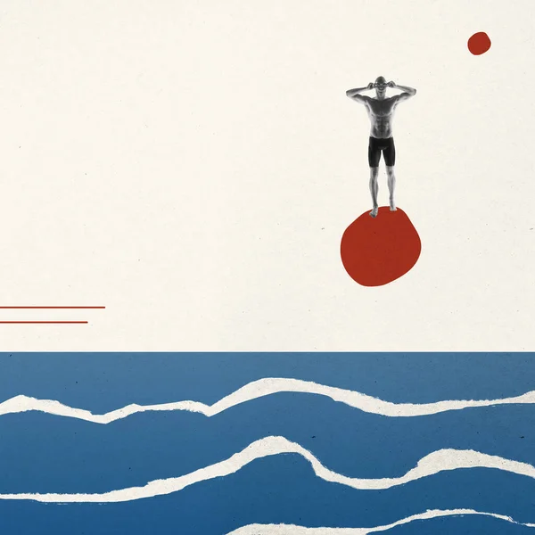 Creative Collage Minimalism Male Swimmer Getting Ready Jump Isolated Light — Stok Foto