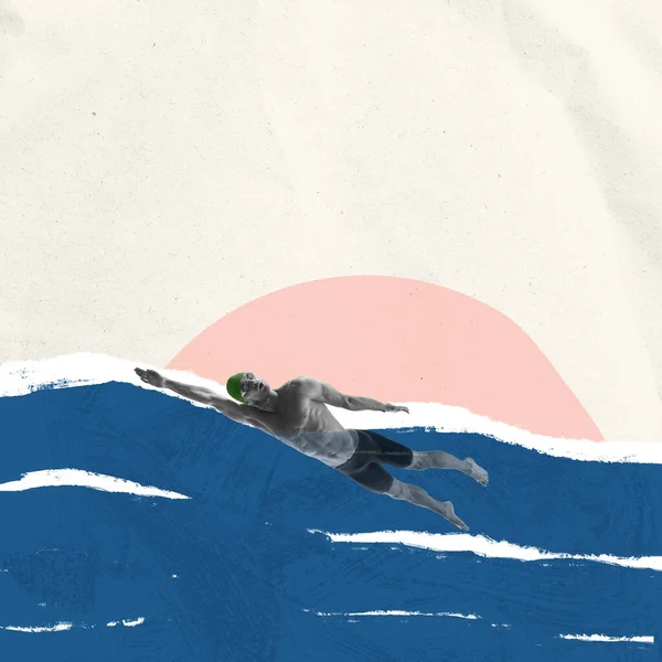 Overcoming Contemporary Art Collage Minimalism Male Swimmer Swimming Front Crawl — Stockfoto