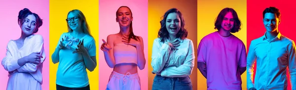 Youth Collage Portraits Young Emotional People Multicolored Background Neon Concept — Stockfoto