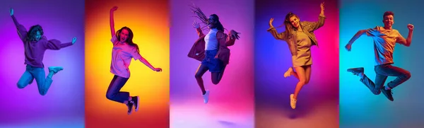 Collage Portraits Young Happy People Jumping Multicolored Background Neon Concept — ストック写真