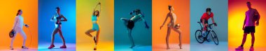 Sport collage of professional athletes on gradient multicolored neoned background. Concept of motion, action, active lifestyle, ad. Fencing, fitness, thai boxing, cycling, gymnastics, basketball