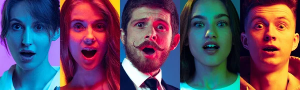 Surprised, scared faces. Collage of closeup portraits of young emotional people on multicolored background in neon light. Concept of human emotions, facial expression, sales. Horizontal flyer for ad