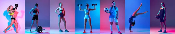 Frauensport Collage Von Profisportlern Auf Neonfarbenem Hintergrund Konzept Der Bewegung — Stockfoto