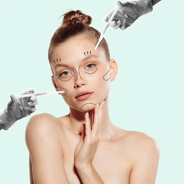 Contemporary Art Collage Young Woman Doing Cosmetological Injections Face Reduce — 스톡 사진