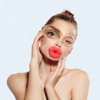 Contemporary artwork. Young woman doing cosmetology surgery, face injections with fillers. Hyaluronic acid treatment. Concept of beauty treatment, plastic surgery, medicine, clinical cosmetology, ad