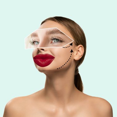 Contemporary art collage. Young woman making face lifting with plastic surgery treatment. Smooth face. Concept of beauty treatment, plastic surgery, medicine, clinical cosmetology, ad