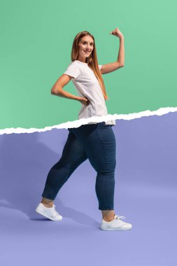 Comparison and contrast human shapes. Creative art collage with young slim girl and plus-size woman isolated on green-purple background. Weight loss, fitness, healthy eating, motivation concept.
