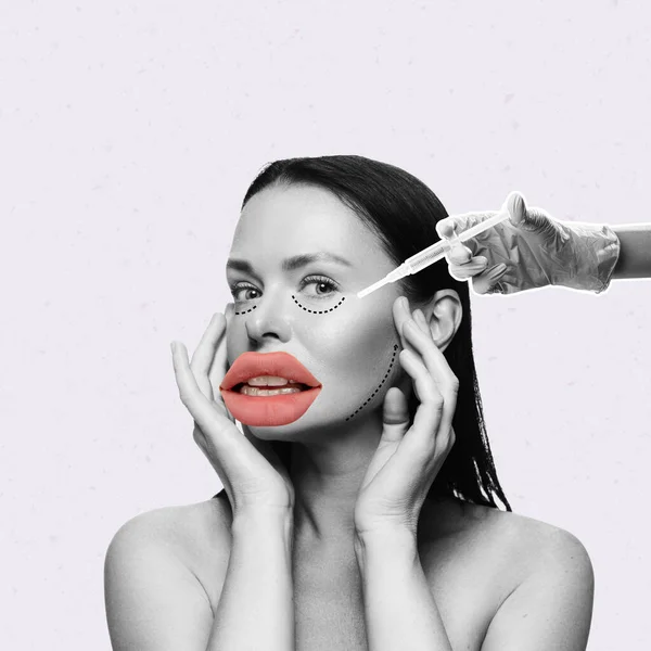 Contemporary Art Collage Woman Doing Face Lifting Hyaluronic Acid Fillers — ストック写真
