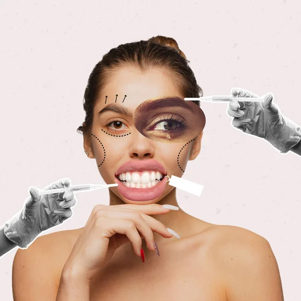 Kolase Seni Kontemporer Operasi Kecantikan Plastik Perawatan Kulit Penyuntikan Wajah — Stok Foto