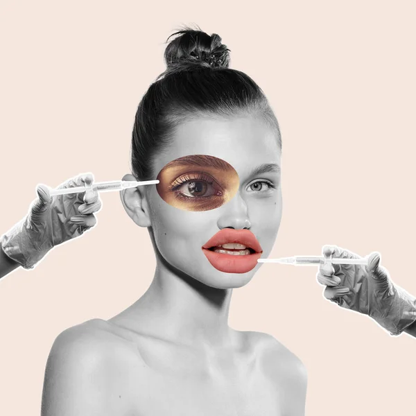 Contemporary Art Collage Young Woman Doing Lip Augmentation Surgery Hyaluronic — Stok Foto