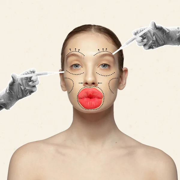 Kolaż Sztuki Współczesnej Młoda Kobieta Robi Kosmetologiczne Zastrzyki Twarz Wypełniaczami — Zdjęcie stockowe