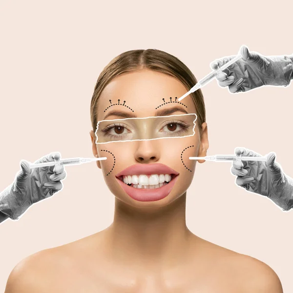 Contemporary Artwork Young Woman Taking Care Face Cosmetological Injections Face — ストック写真