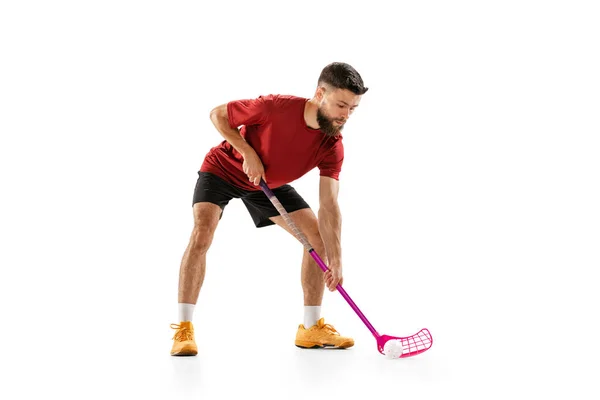 Dynamic Portrait Male Floorball Player Floorball Stick Action Isolated White — Foto Stock