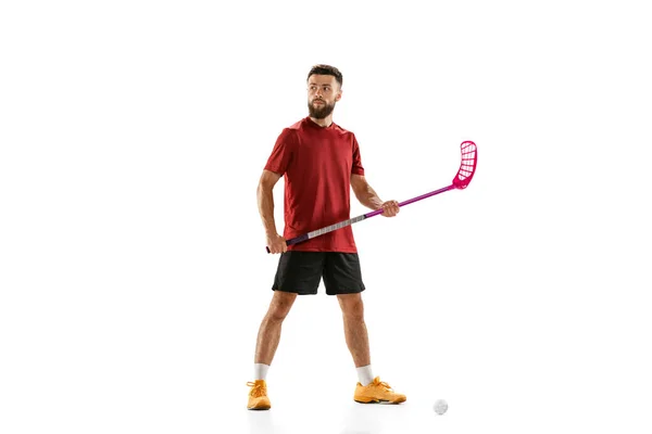 Champion Portrait Young Bearded Man Floorball Player Floorball Stick Isolated — Foto Stock