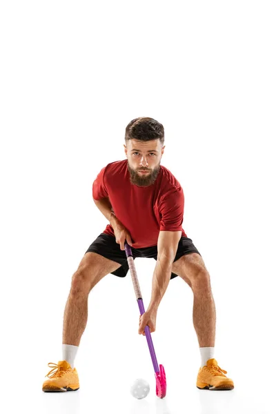 Looking Camera Portrait Young Bearded Man Floorball Player Floorball Stick — Stock Photo, Image