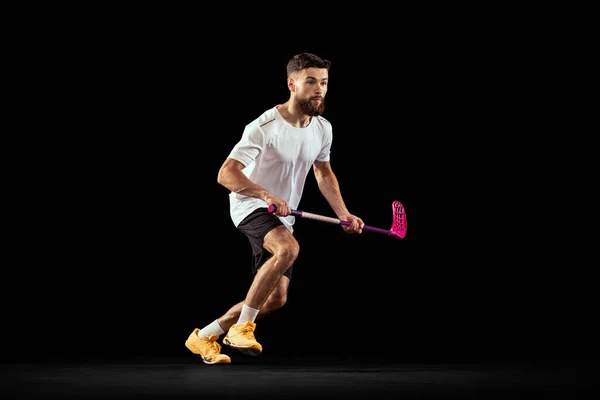 Studio Shot Young Man Wearing Sports Uniform Sneakers Playing Floorball — Fotografia de Stock