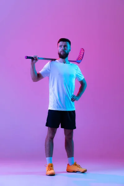 One Sportive Man Floorball Player Floorball Stick Training Isolated Lilac — 스톡 사진