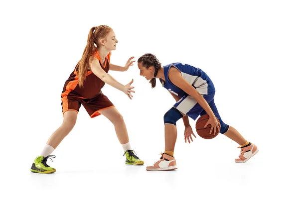 Two Basketball Players Young Girls Teen Playing Basketball Isolated White — 图库照片