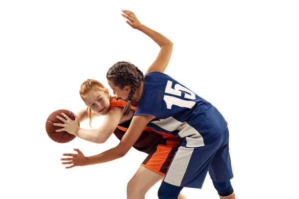 Two Basketball Players Young Girls Teen Playing Basketball Isolated White — 스톡 사진