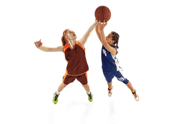 Play Defense Female Basketball Players Young Girls Teen Training Basketball — 스톡 사진