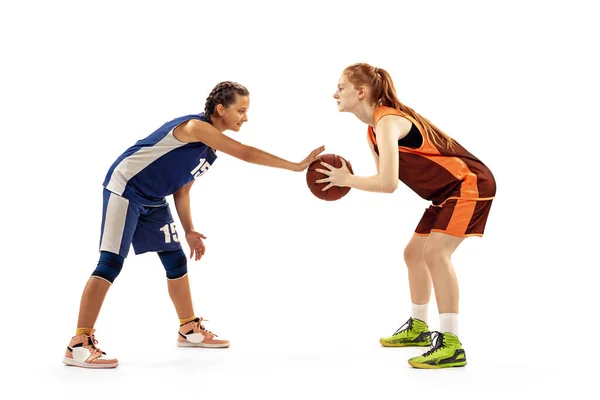 Two Basketball Players Young Girls Teen Playing Basketball Isolated White —  Fotos de Stock