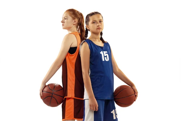 Basketball Game Portrait Two Young Girls Basketball Players Basketball Ball — Stok fotoğraf