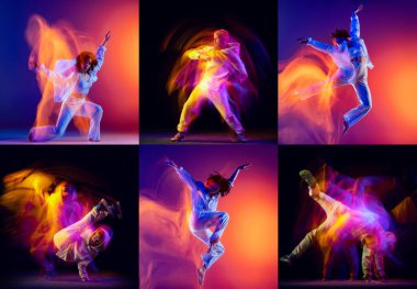Yavaş çekim. Genç erkek ve kadınlarla kolaj, break dans veya hip hop dansçıları neon ışıklı arka planda soyutlanmış dans. Gençlik kültürü, hareket, müzik, moda, aksiyon.