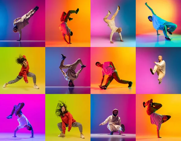 ストリートスタイルのダンス 若い男性と女性とのコラージュ ブレイクダンスやヒップホップダンサーはネオンで多色の背景に隔離されたダンス 若者文化 ファッション アクション — ストック写真
