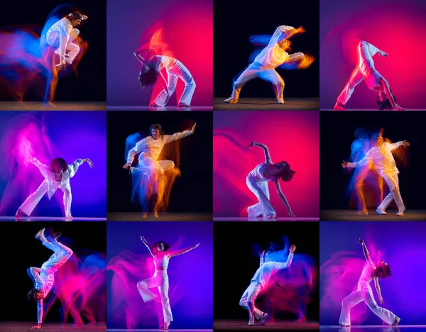 Freestyle dance. Collage with young men and women, break dance or hip hop dancers dancing isolated over multicolored background in neon mixed light. Youth culture, movement, music, fashion, action.