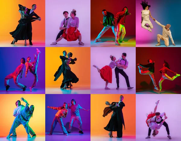 Different types of dances. Set with images of stylish men and women dancing in bright clothes on colorful background at dance hall in neon light. Art, danc, hip-hop, retro, vintage style and fashion.