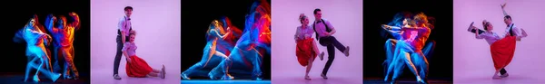 Набор Изображениями Стильных Мужчин Женщин Танцующих Яркой Одежде Красочном Фоне — стоковое фото