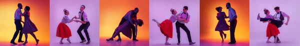 Set Images Stylish Men Women Dancing Bright Clothes Colorful Background — Stock Photo, Image