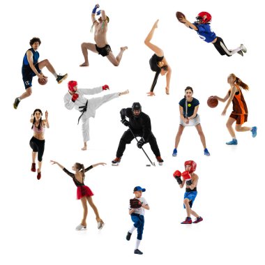 Farklı spor yapan gençlerin ve çocukların dinamik portreleri, beyaz stüdyo arka planında izole edilmiş eğitimler. Spor anlayışı, başarılar, rekabet, hobi, aktif yaşam tarzı.