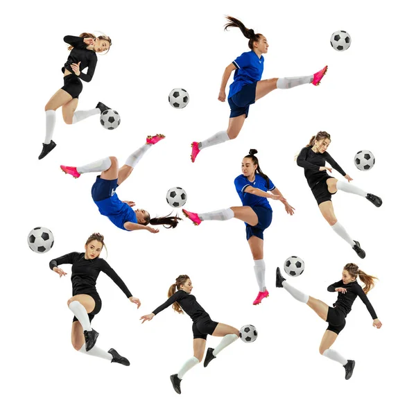 Women in sport. Collage made of dynamic portraits of female soccer football players training with ball isolated white studio background. Sport, team, competition concept. Poster, banner for ad, sales