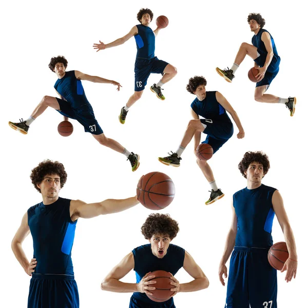 Profisport Collage Aus Dynamischen Porträts Eines Männlichen Basketballspielers Der Basketball — Stockfoto