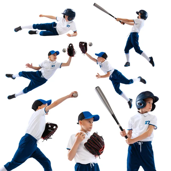 Колаж Зображень Маленького Хлопчика Бейсболіста Пітчера Синьо Білій Формі Тренування — стокове фото