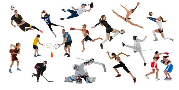 Conjunto Retratos Dinámicos Jóvenes Niños Haciendo Diferentes Deportes Entrenando Aislados — Foto de Stock