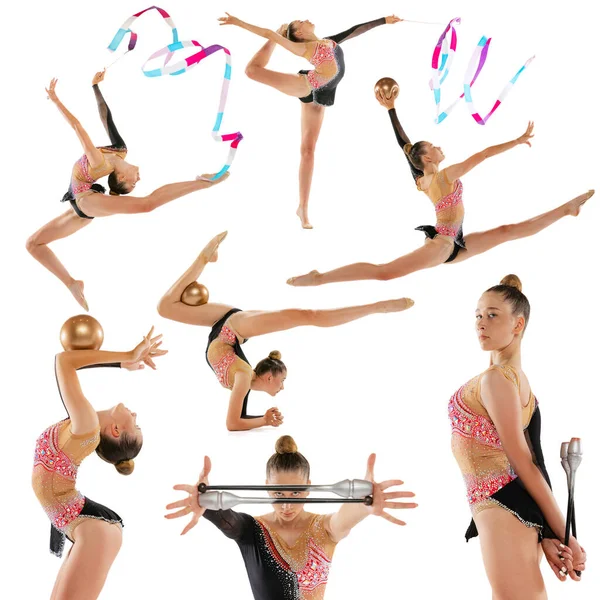 Grace Flexibility Set Portraits Beautiful Flexible Woman Rhythmic Gymnast Training — Stockfoto