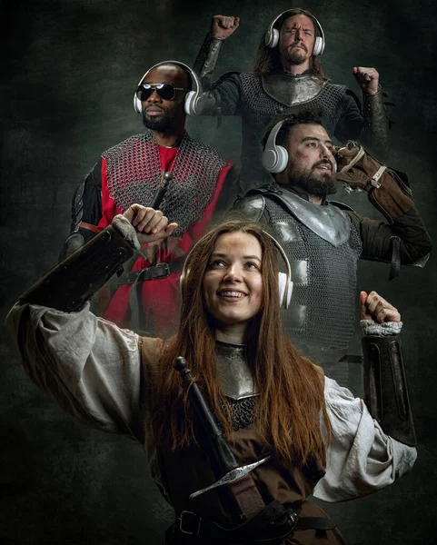 Dancing Party Creative Art Collage Happy Medieval Warriors Knights War — Fotografia de Stock