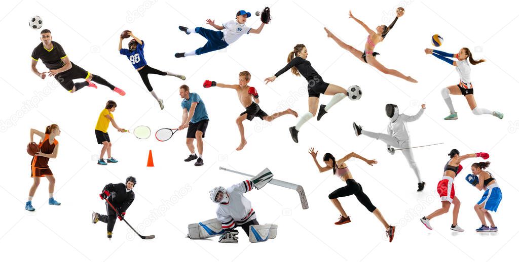 Set of dynamic portraits of young people and children doing different sports, training isolated over white studio background. Concept of sport, achievements, competition, hobby, active lifestyle.