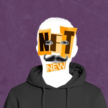 Contemporary art. Faceless silhouette of man with newspaper lettering of NFT symbolizing online business and freelance. Concept of business, network, Internet, virtual money, technology, cyberspace