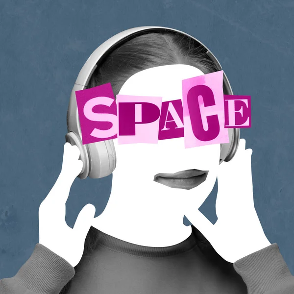 Contemporary Art Collage Faceless Girl Listening Information Headphones Space Innovation — Stockfoto